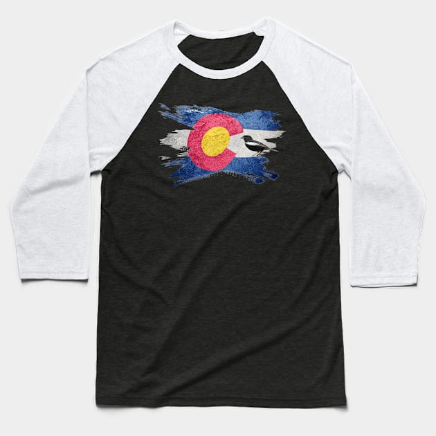 COLORADO STATE FLAG with State Bird, LARK BUNTING Baseball T-Shirt by Bristlecone Pine Co.